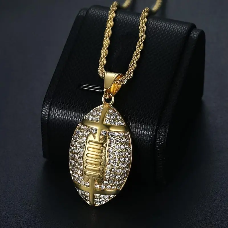 1 piece hip hop style football pendant necklace, men's sports titanium steel rhinestone football pendant necklace, very fashionable and versatile Accessor Jewelry Accessory