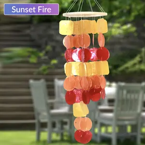 Sunset Fire Capiz Wind Chime - 26-Inch Handmade Teak Wood Coastal Decor with 63 Vibrant Shell Pieces, Perfect for Garden, Patio, or Gift