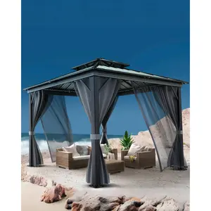 Garvee Outdoor Gazebo 8x8 Hardtop, Aluminum Frame Permanent Pavilion with Double Roof, Mosquito Netting & Privacy Curtains for Patio, Garden, Deck, Lawn and Backyard Parties
