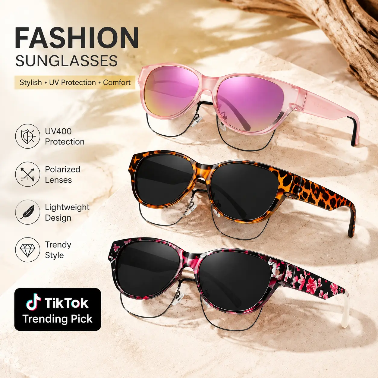 Polarized Fit-Over Prescription Sunglasses,Oversized Square Full-Rim Plastic Frames, UV400Protection, Glare-Reducing Lenses, Unisex Eyewear,Fashion Accessories for Women, Single Pair