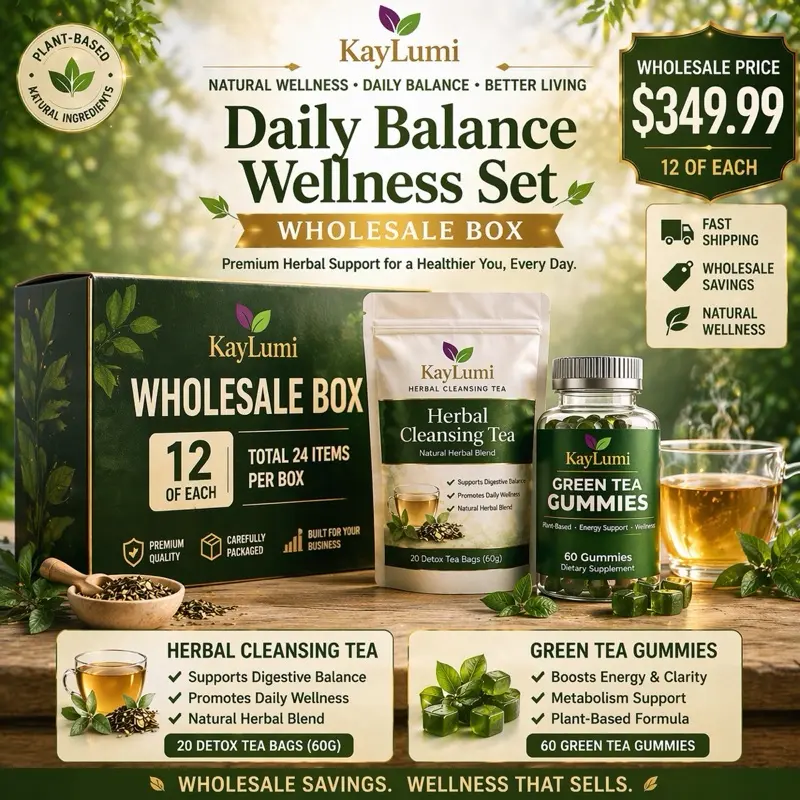 KayLumi Daily Balance Wellness Set - Wholesale Box (24 Units) with 12 Natural Herbal Te Packs, 12 Green Tea Gummies (60 Each), Organic Te Beverage Supplement, Delicious & Convenient Capsule Alternative for Adults' Wellness Routines, Delicious And Convenie