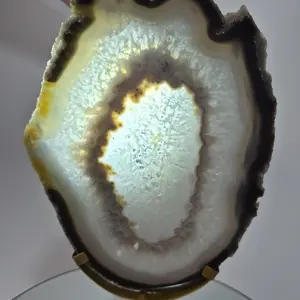 Clear Quartz Crystal with Banded Agate Slice on Stand, Translucent - Brazil