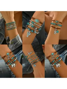 Turquoise beaded DIY bracelet - Bohemian style handcrafted multi-piece jewelry set