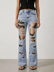 Ripped Illusion Jeans Lace Print Y2K High Waisted Flare Denim Pants Faux Distressed Wide Leg Streetwear Women Statement Pants
