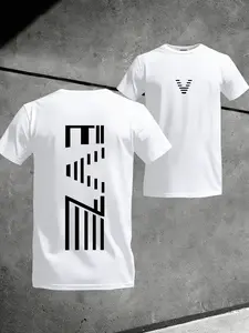 Unisex Gym Training & Outdoor Running Sports T-Shirt, Geometric Letter Line Pattern, Lightweight Breathable Quick-Dry Fabric, All Seasons