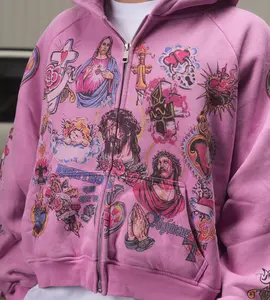 Y2K street style zip-up hoodie with religious tattoo print. Front of the garment and both sleeves are fully covered with vivid religious patterns. #Zip-Up Hoodie #Y2K Aesthetic #Religious Print