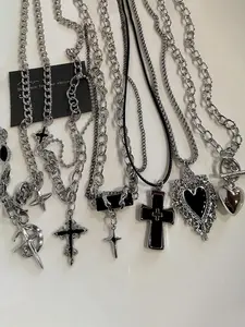 Punk Style Cross Star Heart Pendant Necklace Set, Adjustable Star Necklace, Hip Hop Street Fashion, Unisex Couple Jewelry, Party Vacation Daily Wear