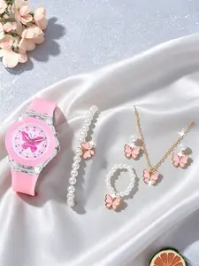 Mother's Day Gift Cute Silicone Butterfly Glowing Quartz Wristwatch Set, Beaded Butterfly Bracelet Necklace Earrings Jewelry, Best Birthday Gift for Kids