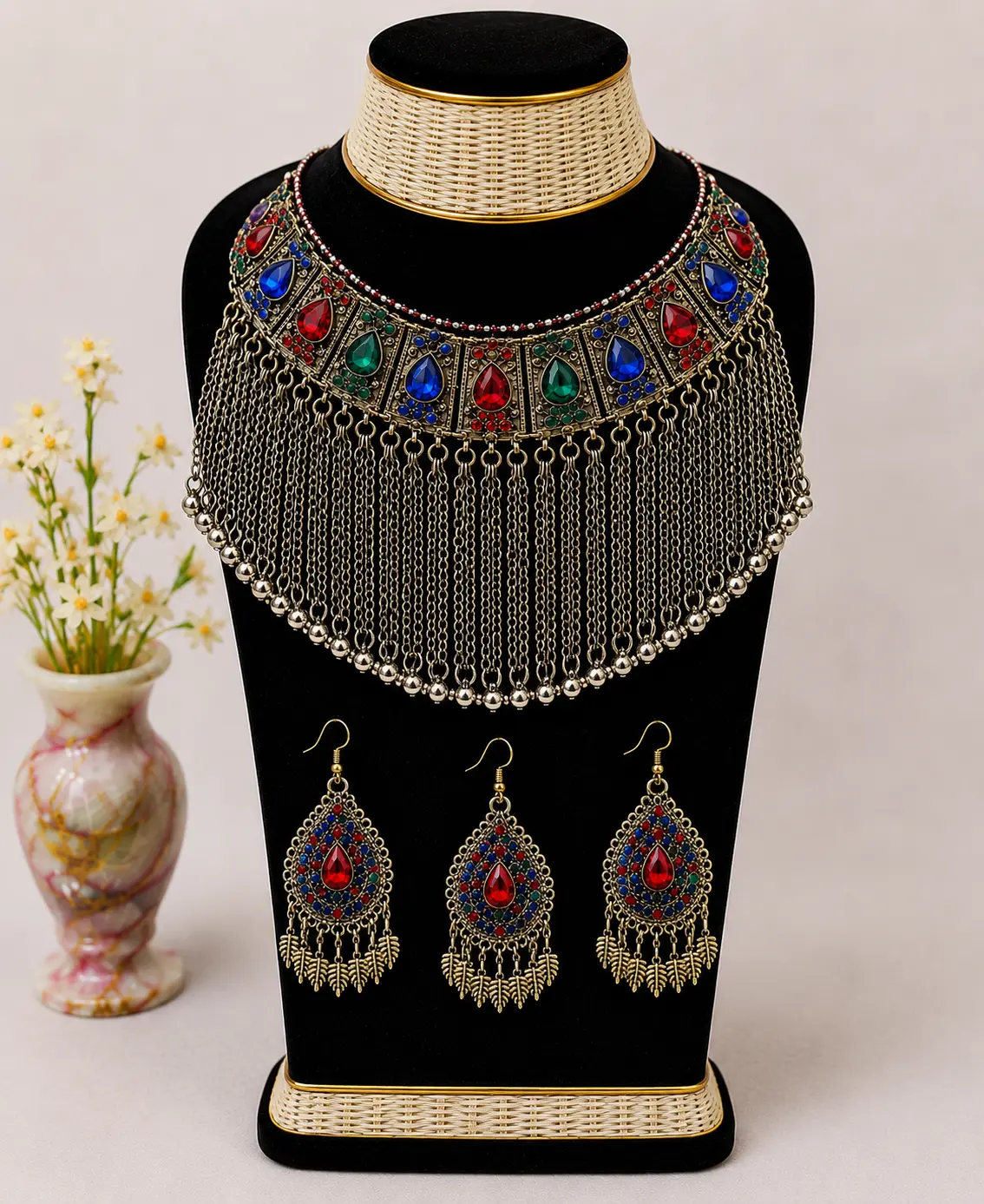 Women's Silver-Tone Geometric Choker Necklace & Earrings 3-Piece Afghan Kuchi Costume Jewelry Set for Weddings, Eid