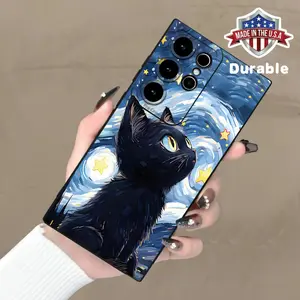 Cat Look Fantasy Starry Sky Trendy Creative Print Luxury Black Shockproof Case Premium Omni-Directional Lens Protection Case Simple And Durable Case Series for Samsung Galaxy S20 S21 S23 Ultra Plus FE 5G 4G Smartphone Cellphone Screen Protector Casing