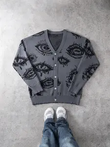 Halloween Devil Eye Pumpkin Knit Sweater, Unisex Casual Fitted Pullover, Fall & Winter Moderate Fabric, Party