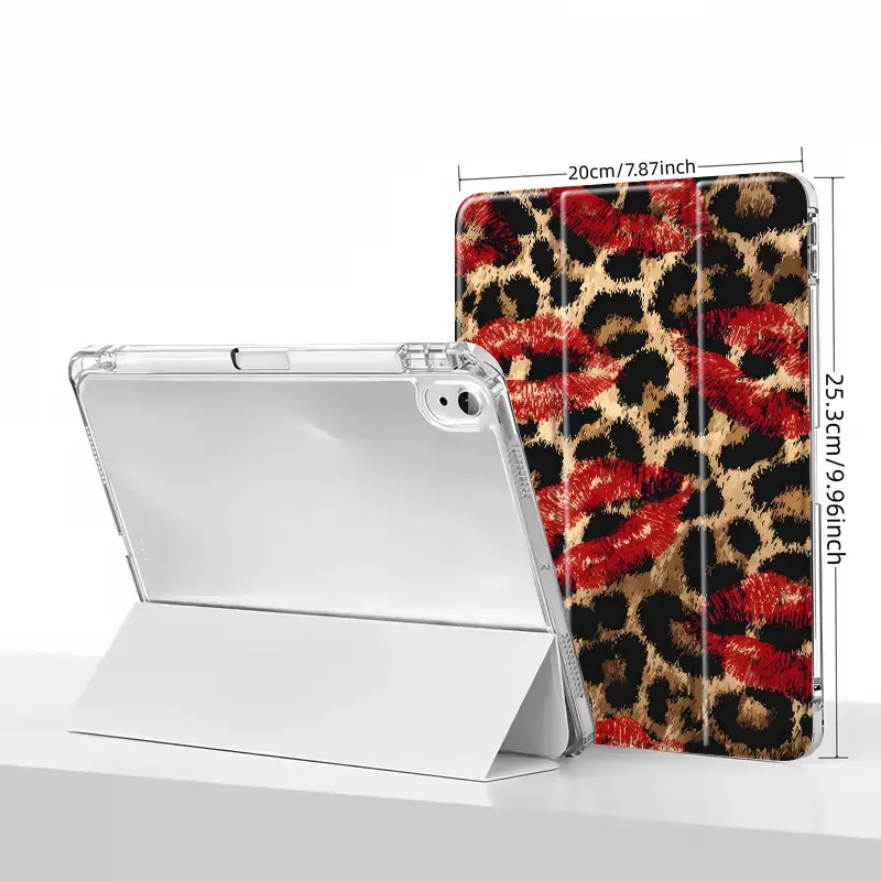 Y2K Leopard Print Red Lips Aesthetic Background Stylish Clear Tablet Case for Pencil Holder (No Pen Included), Auto Wake/Sleep Tablet Protective Cover with iPad 10th 11th 9th Mini Air 4th 8/7/6/5th for iPad Pro Generation Case Teen Girl Gifts Trendy