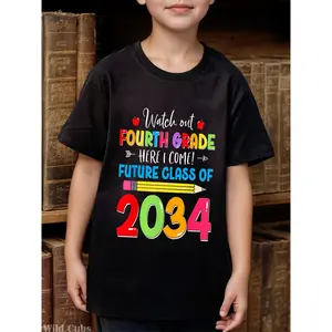 Watch Out Fourth Grade Here I Come 4th Future Class of 2034 T-Shirt, Casual Round Neck Tee for Boys & Girls, Spring Summer Holiday Apparel Clothing, Durable Summer Clothing Best Gift for Boy Girl (3-13Y)