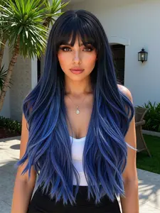 Fashionable New Long Wavy Dark Blue Wigs with Bangs and Blue Highlights, Synthetic Women's Wigs for Daily Use, Parties or Halloween Cosplay Taking Photos