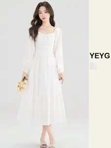 Women's Gentle-Style White Fitted Long-Sleeve Dress with Soft & Elegant Vibe - Spring Temperament Long Dress, First-Love Pure "Little White Dress"