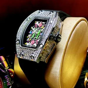 Barrel-Shaped Women's Watch with Cotton Candy Dial High-End Full Diamond Bezel Rubber Strap Quartz Movement Gift Box Packaging Perfect Luxury Holiday Gift Black