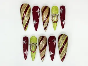 AuréNails – Festive Christmas Press On Nails | Red Gold Snowflake Nails | Festive Holiday Nail Art | Elegant Candy Cane Nail Set – AN11