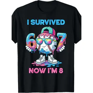 I Survived 67 Now I'm 8 Years Old Baseball Boys Sport Boy Girl T-Shirt, Fashion Trend Boy Girl Clothes Breathable, Casual Comfortable Top Streetwear Fashion Casual Summer Tee Crew Neck Short Sleeve T-Shirt Best Gift for Boy Girl