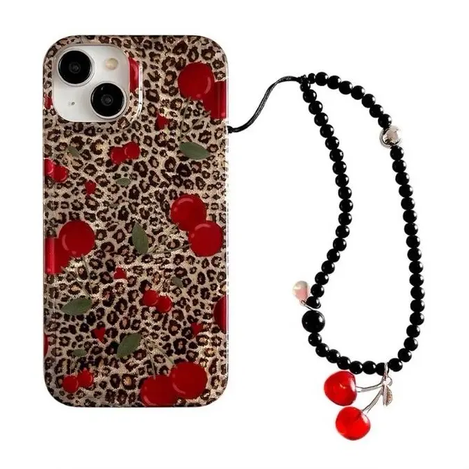 Leopard Cherry Phone Case Compatible for iPhone 13/14Trendy Cherries Cheetah Print Cases with Phone Charm Chain Cute iPhone CaseFruit Phone Case for iPhone 14/13 Girl Women