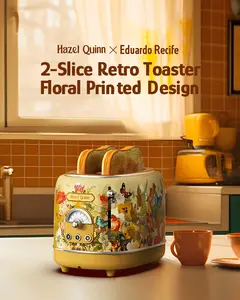 Hazel Quinn X Eduardo Recife Collaboration 2-Slice Retro Toaster, 6 Browning Levels, 3 Functions-Defrost/Reheat/Cancel, Removable Crumb Tray for Easy to Clean, 1.5 Inches Extra Wide Slots Printed Floral Design