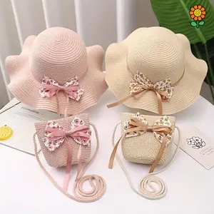 DZP-2pcs Girls' Summer Straw Sun Hats with Matching Bags - Wide Brim, Breathable & Princess Style for Beach, Travel & Outdoor Activities, Pink & Beige with Bow Accents, Beach Accessorie
