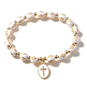 Anti Static Beaded Bracelet with Cross Pendant, Women Prayer Five Row Wrist Beads, Fashion Religious Stackable Jewelry, Adjustable Comfortable Hand Accessory for Daily Wear Church Casual Party Holiday Gift