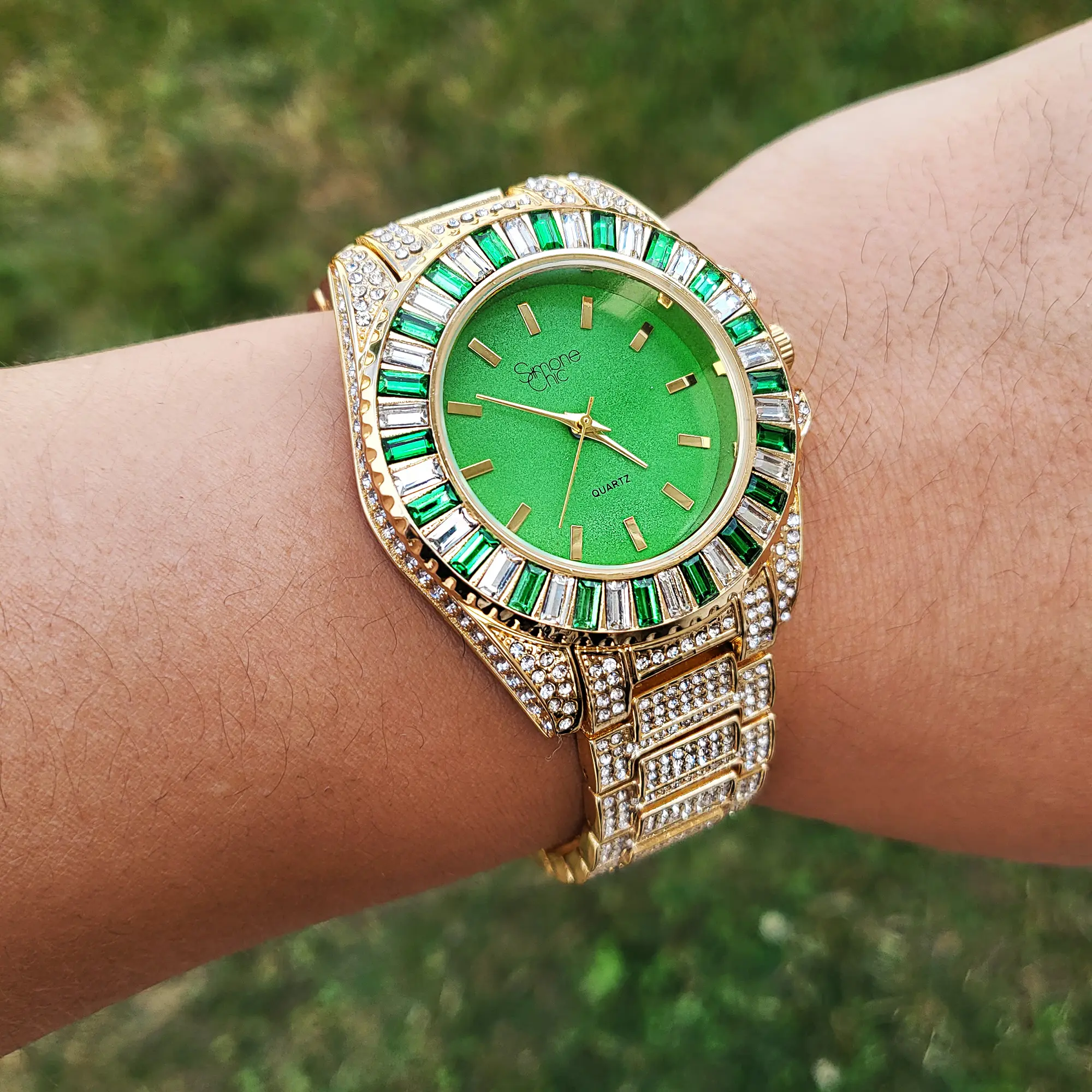 MaxBling81 Watches for Women, Iced Out Hip Hop Gold-Plated Stainless Steel Analog Watch with Baguette Stones, 38mm Round Green Face, Quartz Movement, Adjustable Band, Bracelet, Metal, Removable Links