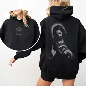 [Made in USA] The King Jesus Hoodie, Sacred Heart Jesus Graphic Pullover Hoodie, Christian Faith Religious Streetwear Oversized Hoodie, Monochrome Back Print Church Outfit, Faith Gift For Men Women