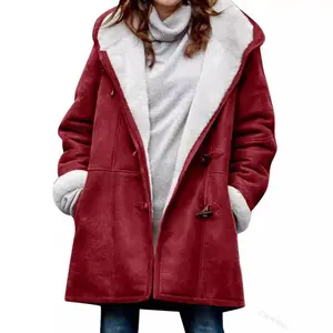 Women's Fleece-Lined Warm Long Sleeve Horn Button Jacket in European and American Popular Style casual coat trench buttoned top plush daily wear woman puffer shoulder outerwear solid zip-up pocket jacket sleeve pocket jacket merch winter clothes