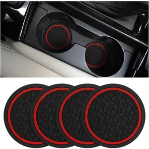 4PCS Car Cup Holder Coasters, 2.75 Inch Non-Slip Insert Water Bottle Holder Pads, Dustproof Automotive Interior Accessories Mat, Universal for Vehicles, Trucks, RVs and More(Black/Red)