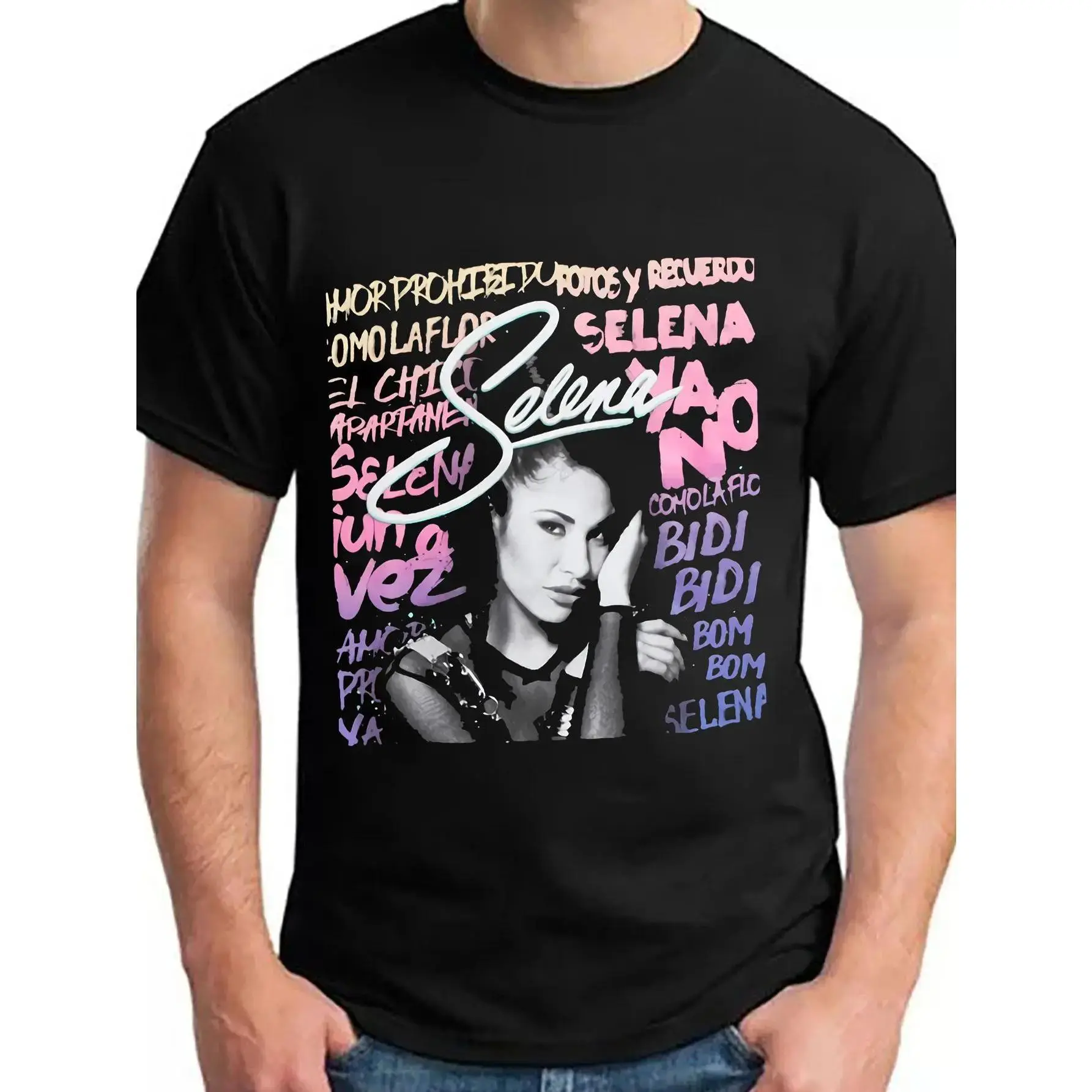 Women's Selena Quintanilla Vintage Anime Graphic Short-Sleeve Round Neck Soft 100% Cotton T-Shirt - Slim/Fit/Loose Options, Vibrant Geometric Print, Casual, Machine Washable, All-Season Comfort, Ideal Fan Gift