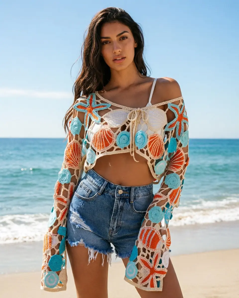 Women's Bohemian Openwork Crochet Beach Cover-Up - Drawstring Crop Top with Starfish-Shell Motifs for Seaside Vacations