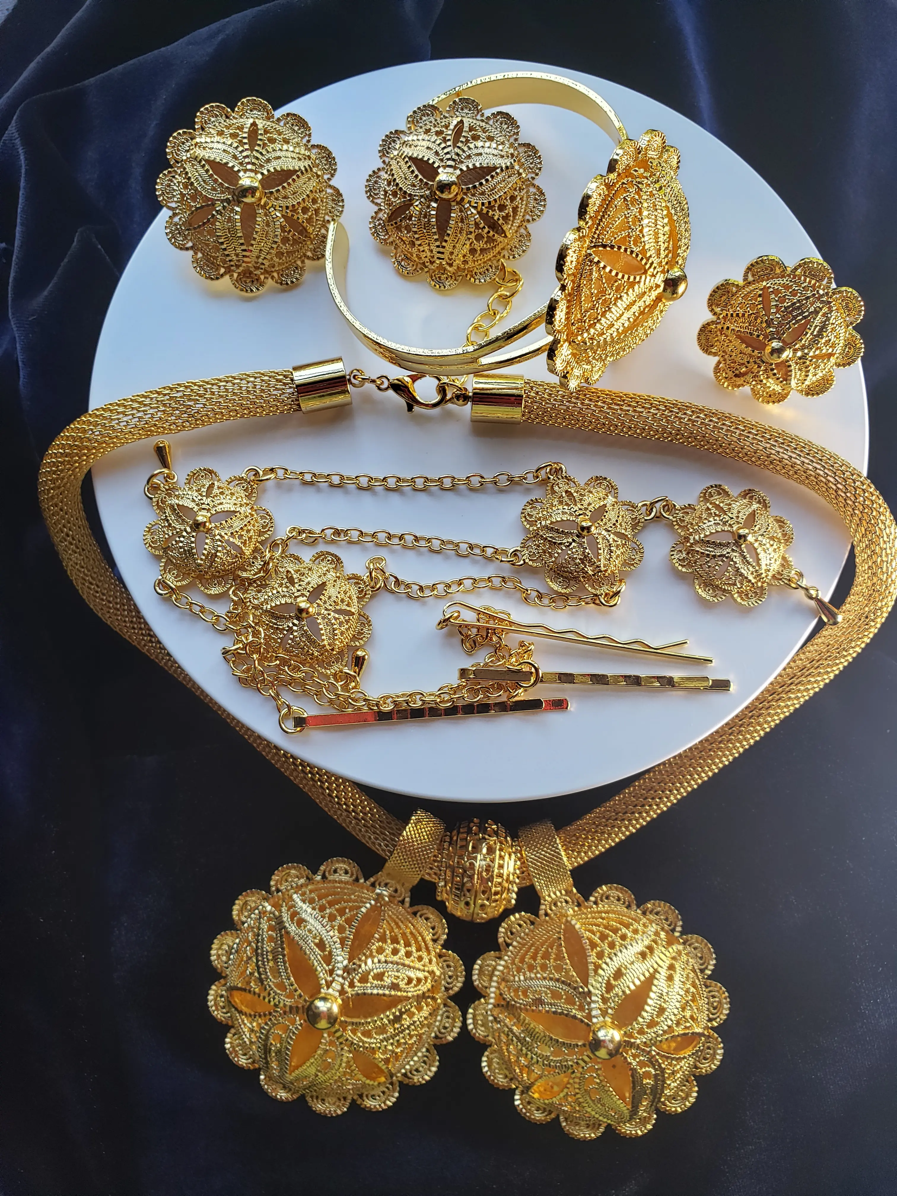 Ethiopian Celebration Jewelry Set - 5pcs Bridal Party Set for Habesha Wedding (24KGP) - Necklace, Matching Earrings, Ring, Hair Ornament | Eritrean, Habesha, Gold Jewelry Sets