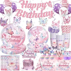 196 count Butterfly Birthday Decor Includes Butterfly Plates & Napkins Set, Banner, Hanging, Tablecloth, Cupcake Topper, Balloon, Table Decor, for Girls Butterfly Party Decors, Serves 25