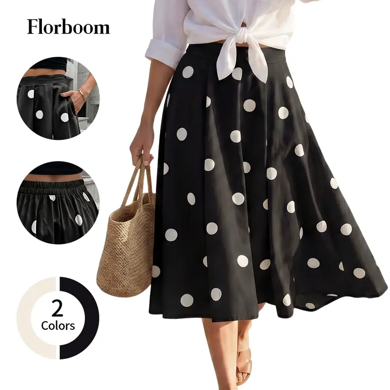 Florboom Women's Pokla Dot Midi Skirt Casual to Dressy High Waist Fashion A-Line Flowy Skirts for Work, Daily Wear, Vacation Bottom