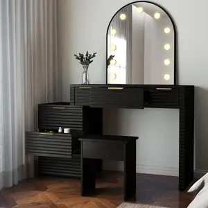 Makeup Vanity Desk with Mirror Lights Glass Tabletop Vanity Table Modern Makeup Desk with Drawers for Bedroom