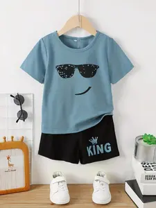 Boys' Cool Sunglasses Smiley Face Set, Summer Kids King Letter Short Sleeve Shorts Two-Piece Set, Trendy
