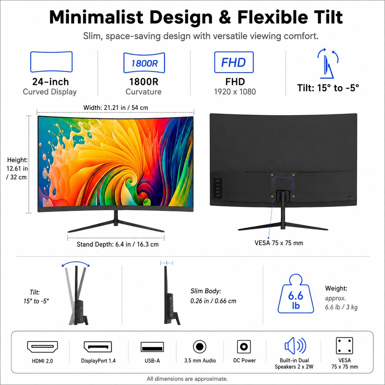Rehisk 24" Curved Gaming Monitor – 180Hz, 1ms, FHD, FreeSync, Ultra-Slim, HDMI/DP, VESA Ready