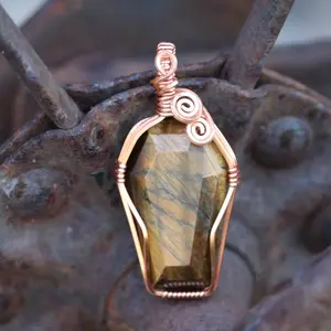 Copper Wire Wrapped Tiger's Eye Crystal Coffin Pendant