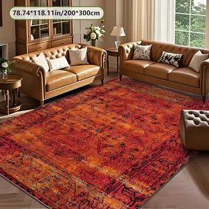 Velvet Soft Comfortable  Orange Red Distressed Vintage Persian Rug 2D Printing Rug Fashion Home Decor, Commercial Decor Carpet, Living Room Rug, Sofa Cushion Bedroom Rug, Bedside Blanket Door Entrance Mat, Dining Table Carpet