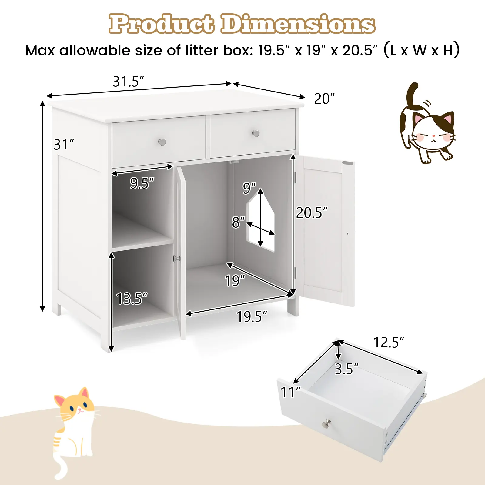 COSTWAY - Hidden Cat Washroom Side Cabinet Wooden Pet House with 2 Drawers-White