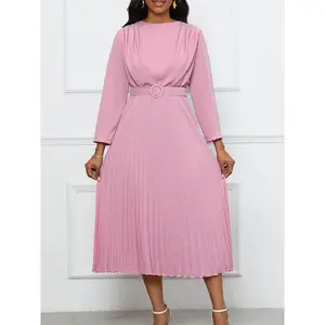 2025 New D462 Soft Pink Crew Neck Long-Sleeve Dress with Circle Buckle Belt Full Pleated Design Elegant Midi Work Dress for Women
