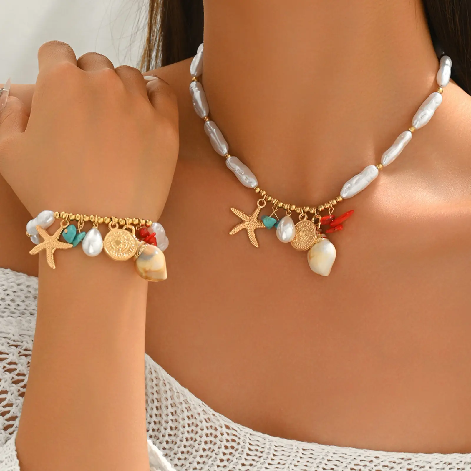Female Nautical 2-Piece Sports Jewelry Set - All-Seasons Outdoor Wear Beaded Necklace, Shell & Conch Design Wristbands, Versatile Outdoor Accessories, Set Pair, Two Piece Set, Wearable