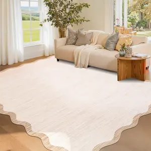 Washable Scalloped Living Room Rugs, Modern Solid Bedroom Area Rug with Non Slip Back, Low Pile Contemporary Non Shedding Home Decor Rug Ultra Thin Under Table Carpet for Dining Room Office