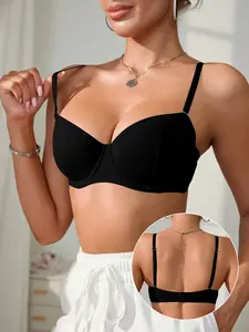 Solid color women's bra with adjustable shoulder straps, underwire styling paired with light lining support. Skin-friendly, breathable and seamless cut, naturally gathers to shape the bust, simple style for daily, Everyday versatile and comfortable wear.