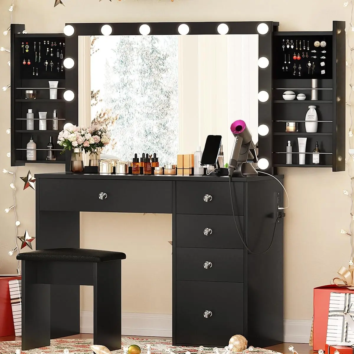black makeup dressing table Jennifer Hollywood Makeup Vanity Table - Black