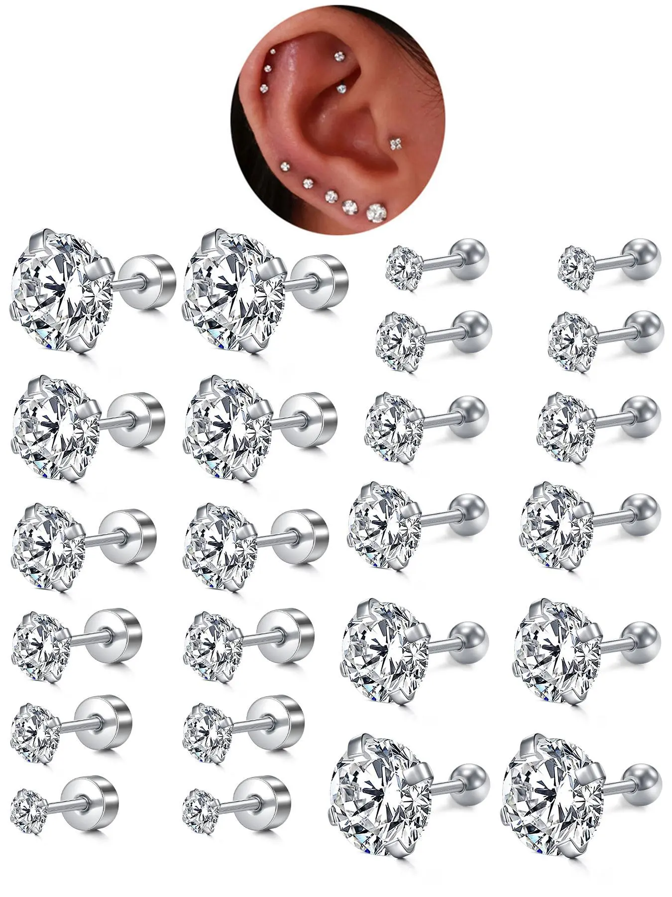 Unisex Rhinestone Decor Stud Earrings, Sparkling Ear Jewelry, 12 Pairs Stainless Steel Cartilage Earrings for Women & Girls, All-match Jewelry As Birthday Gift, Stud Earring Sets, Ear Studs, Earring Pack