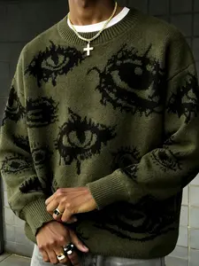 Men's Casual Stylish Round Neck Pullover Sweater, Full Print Knitwear Top, Loose Fit Long Sleeve, Comfortable Lightweight, Perfect Gift