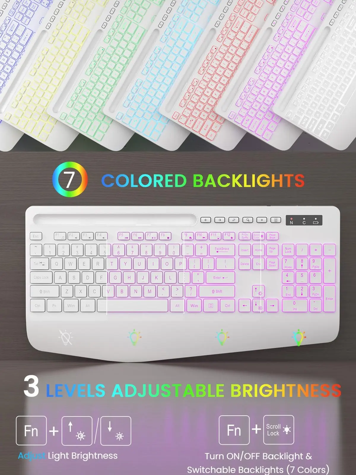 SABLUTE Wireless Keyboard with 7 Color Backlights, Wrist Rest, Rechargeable Ergonomic Design, Silent Typing, Phone Holder, Full-Size for Windows, MacBook, PC, Laptop(non-bluetooth)