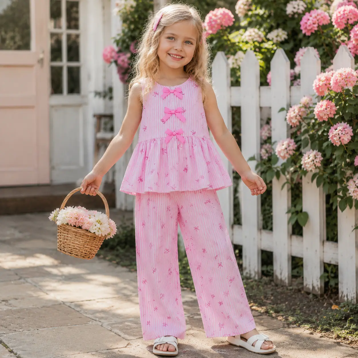 Girls' Toddler 2-Piece Pink Striped Outfit Set - Polyester, Cute Look, Slight Stretch Bow Print Peplum Top & Wide Leg Pants with Satin Bows, Trendy Coquette Aesthetic Clothes for 4-7Yrs Kids